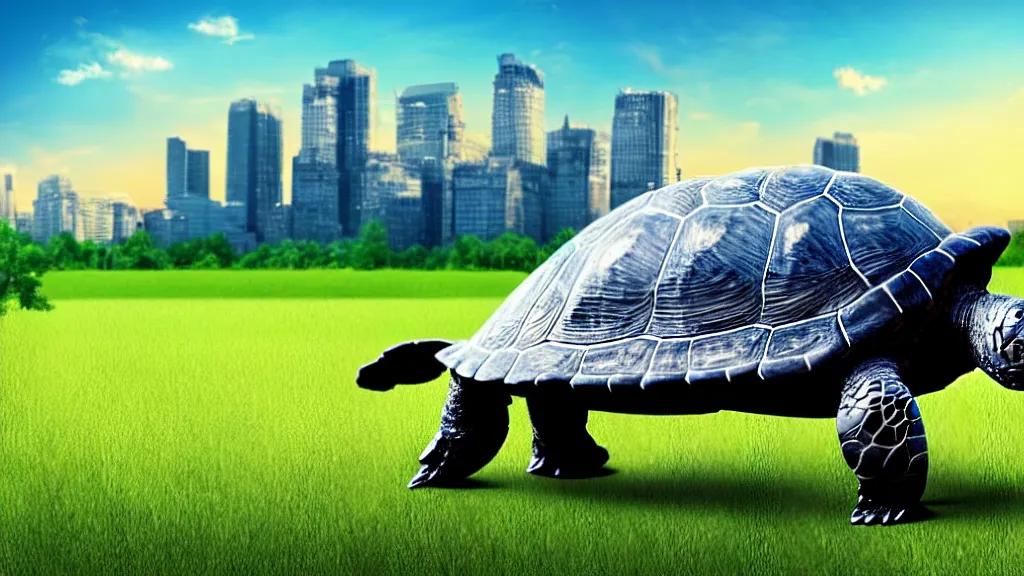 Image similar to Giant turtle with a city on it's back, walking through an open field, forest visible in the background