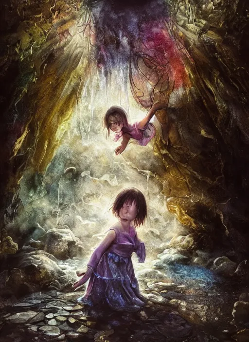 Image similar to portrait, a little girl falling down a wishing well into another realm, magical, fantasy, watercolor, dramatic lighting, cinematic, establishing shot, extremely high detail, foto realistic, cinematic lighting, pen and ink, intricate line drawings, by Yoshitaka Amano, Ruan Jia, Kentaro Miura, Artgerm, post processed, concept art, artstation, matte painting, style by eddie mendoza, raphael lacoste, alex ross