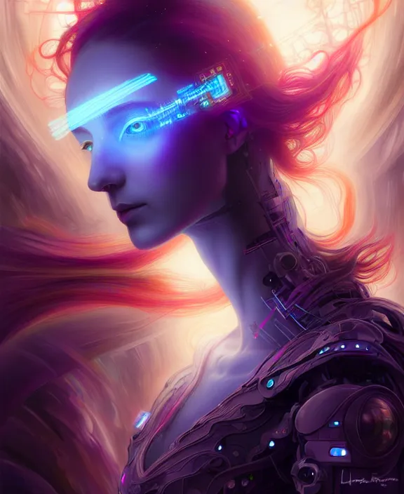 Image similar to a whirlwind of souls rushing inside the metaverse, hologram, half body, neurochip, shaved temple, piercing, jewelry, android, cyborg, cyberpunk face, by loish, d & d, fantasy, intricate, elegant, highly detailed, colorful, digital painting, artstation, concept art, art by artgerm and greg rutkowski and alphonse mucha