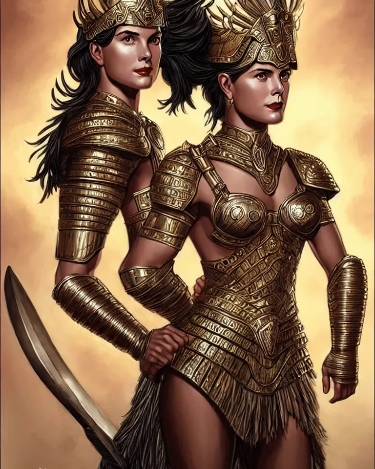 Image similar to a young grace kelly as an amazon warrior, tall and beautiful with brown skin and long hair, dressed in hellenistic body armor, intricate, elegant, highly detailed, smooth, sharp focus, detailed face, art by ardian syaf