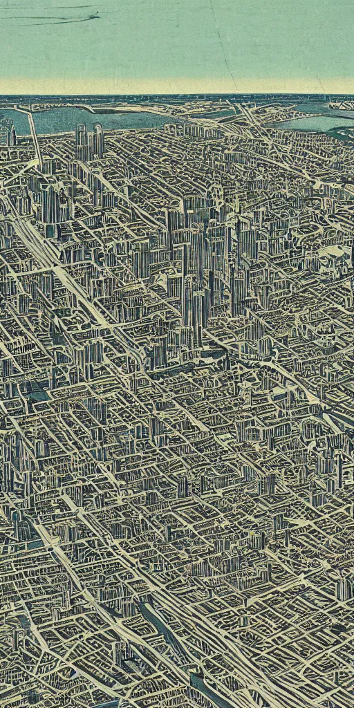 Prompt: high detail woodcut of toronto in the 1 9 7 0 s, aerial photography.