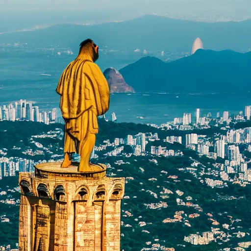 Image similar to high quality portrait of a monkey in front of Christ The Redeemer, studio photograph, photograph, realistic photo, 8k photo, 4k photo, stock photo, high resolution, cinematic shot, high detail