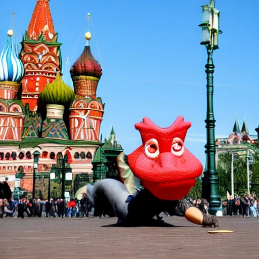 Prompt: Funny Dragon eating russian borsch soup on the Red Square,