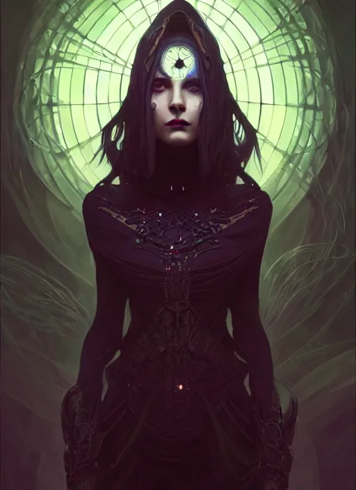 Image similar to a beautiful cinematic female Necromancer Sorceress, galatic shamen with Quantum energy fantasy, fantasy magic, short fade hair, undercut hairstyle, dark light night, intricate, elegant, sharp focus, illustration, highly detailed, digital painting, concept art, matte, art by WLOP and Artgerm and Greg Rutkowski and Alphonse Mucha, masterpiece