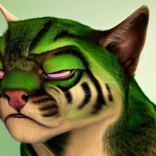 Image similar to photorealistic 8k render of a supermutant enhanced green cat with long moustache and strong muscles