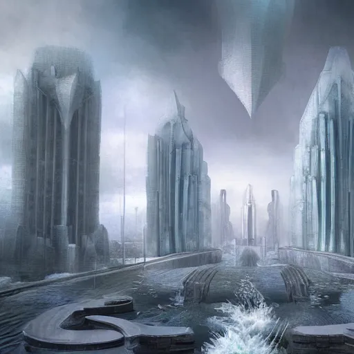 Image similar to fantasy rendering of art deco brutalist city atlantis rising, torrent, maelstrom, chiseled formations, atmospheric, ambient, frost, matte painting