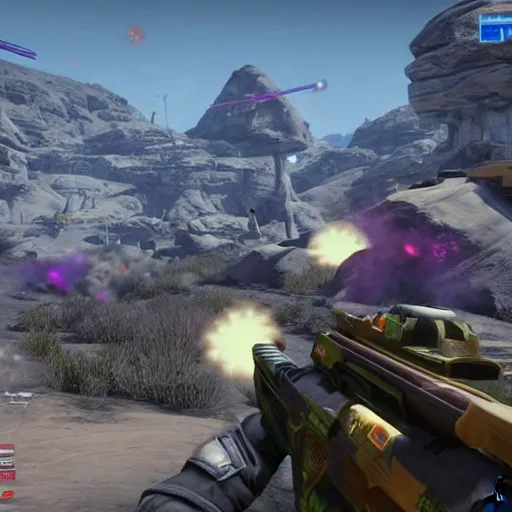 Image similar to planetside 2 on the battlefield, bullets everywhere, dead bodies on the ground »