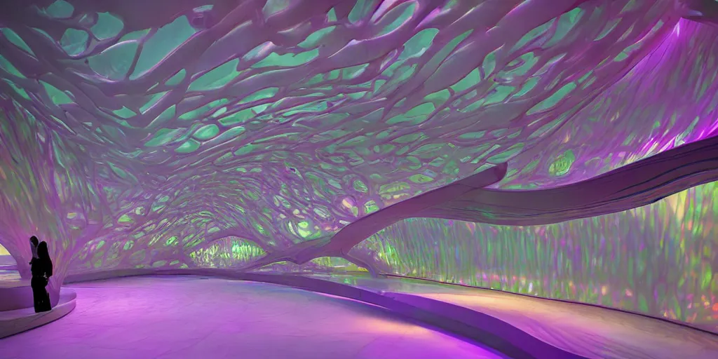 Image similar to extremely detailed awe stunning beautiful futuristic smooth curvilinear museum interior, translucent gills, hyper real, 8k, colorful, 3D cinematic volumetric light, atmospheric light