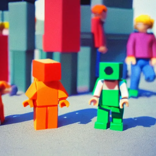 Image similar to 35 mm photo of block figures looking like roblox figures playing with a computer in a block world, having fun in the sun, bright and fun colors