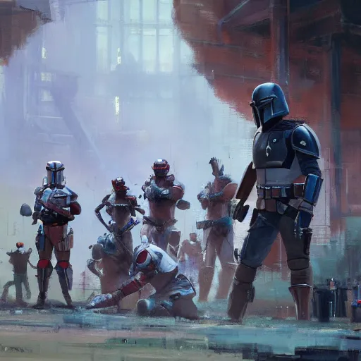 Prompt: the mandalorian, baseball game setting, by craig mullins, jeremy mann, jeremy mann.