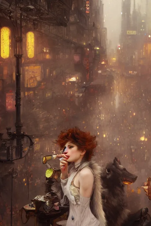 Image similar to beautiful portrait of an attractive white female anthro wolf smoking a cigarette in a bustling crowd of a rainy city street, steampunk, female fursona, 4 k, trending on artstation, by gaston bussiere, craig mullins, artgerm, greg rutkowski, alphonse mucha