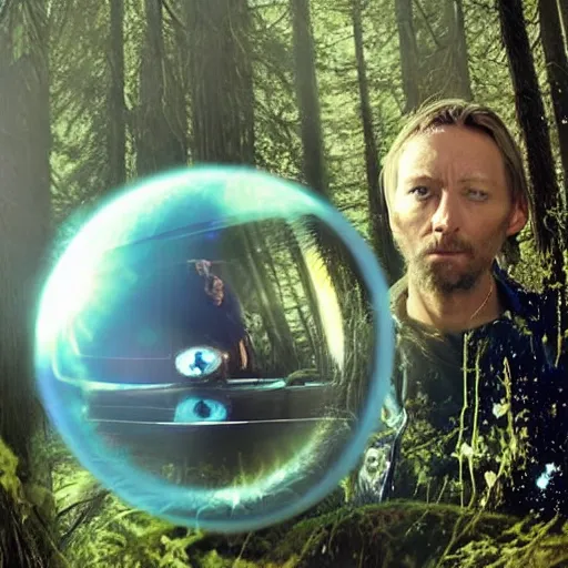 Prompt: thom yorke singer songwriter in a forest in a spacesuit filling up with water, waterline refractions, anamorphic lens flare, beautiful blueish eyes, eyes reflecting into eyes reflecting into infinity, spherical tiny round eye pupils, eyes reflecting into eyes reflecting into infinity, dramatic lighting