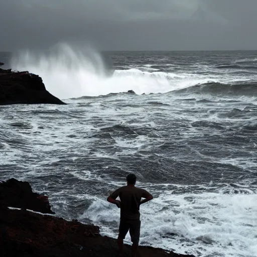 Image similar to the last man is standing hip deep in wild ocean waves