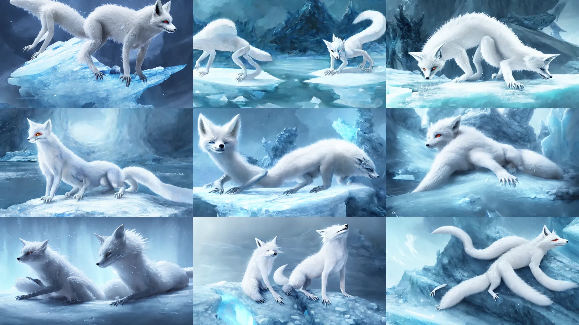 Image similar to white - haired anime fox lizard frozen in an ice floe, intricate, highly detailed, smooth, wide shot, artstation, digital illustration by ruan jia