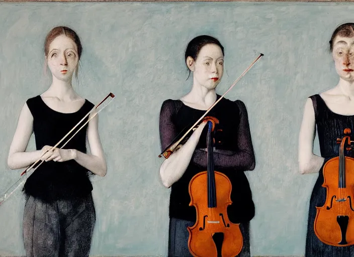 Prompt: portrait of two young violin players getting ready to perform looking, half figure front, francis bacon and pat steir and hilma af klint and james jean, psychological, photorealistic, symmetrical faces, intriguing eyes, rendered in octane, altermodern, masterpiece