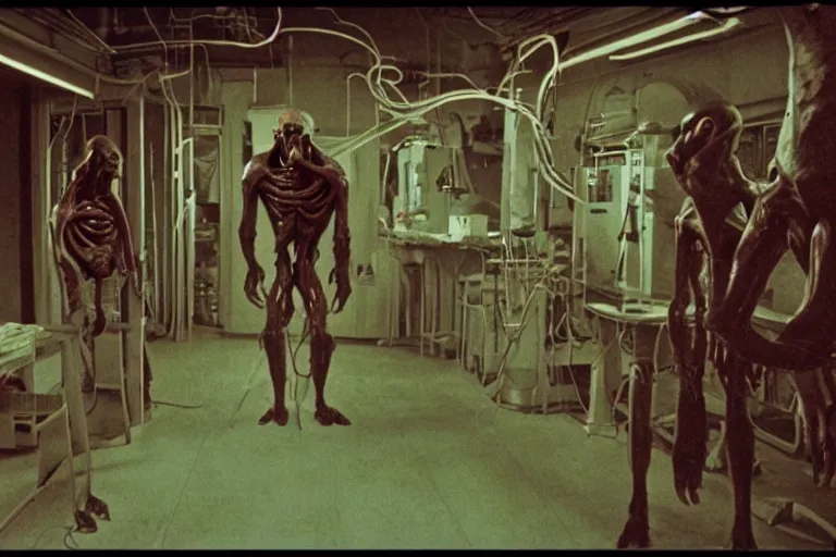 Image similar to a scary filmic wide shot color ground level angle movie still 35mm film photograph of the full body of a dangerous shape shifting alien creature, with multiple mutated snarling drooling human faces with a grotesque variety of human and animal limbs protruding from its lower torso inside of a 1970s science lab, neon lights, dirty, ektachrome photograph, volumetric lighting, f8 aperture, cinematic Eastman 5384 film