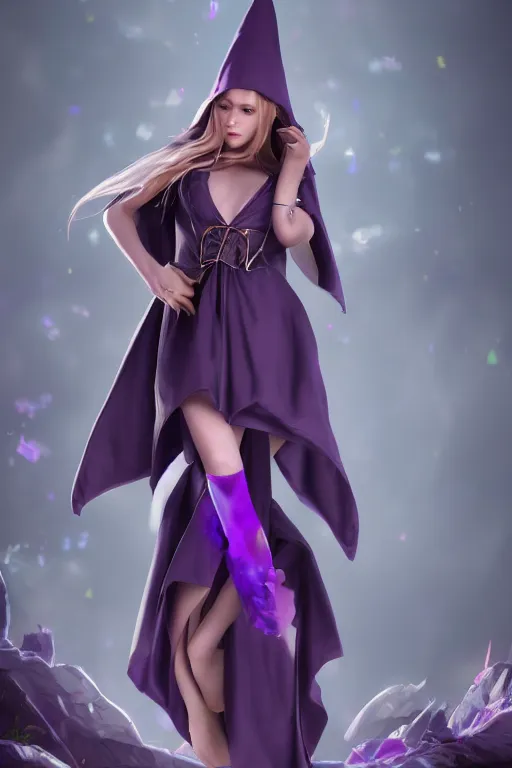 Image similar to Young cute small beautiful girl in form fitting slim purple witch robes and pointy hat at a crowded magical university, full body shot unreal engine hyperreallistic render 8k character masterpiece digital art, trending on Artstation, CGSociety