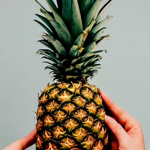 Prompt: pineapple who is eating human which is trapped in his hands, bloody, full of details