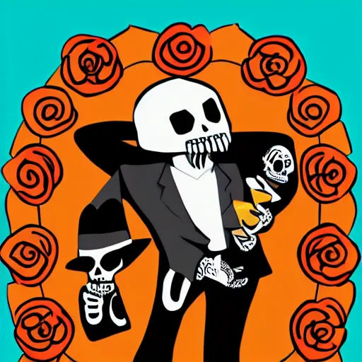 Image similar to manny calavera from grim fandango, game concept art, flat colours, bright colours, mexican day of the dead festival background by peter chan, artstation,