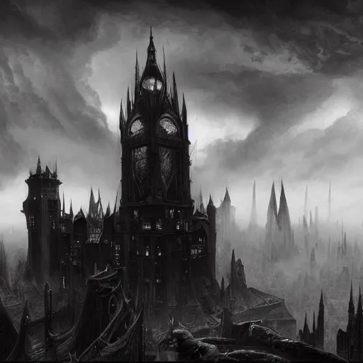 Image similar to an ultra detailed black and white matte painting of a lonely and impossibly tall ominous gothic dark citadel tower of the evil patriarch, in the style of magic the gathering, in a river elevated high above the city, gaslight fantasy capital city, ultrawide lense, aerial photography, scary thunderstorm, exquisite detail, 8 k, art by greg rutkowski and alphonse mucha