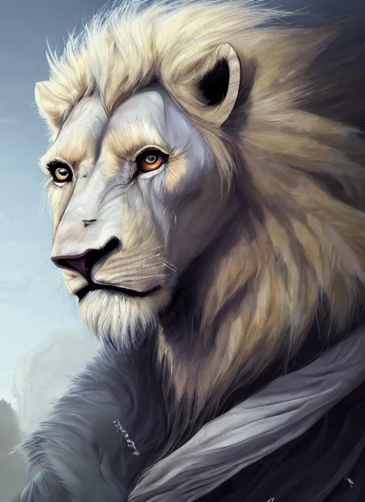 Image similar to award winning beautiful portrait commission of a male furry anthro albino lion wearing a burnt and torn tuxedo outfit with scarred face and scratches on his muscular belly with beautiful hyperdetailed face. Character design by charlie bowater, ross tran, and makoto shinkai, detailed, inked, western comic book art