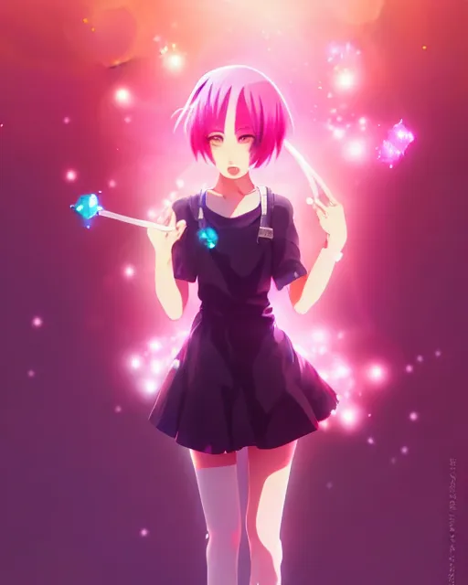 Prompt: anime style, vivid, expressive, full body, 4 k, painting, a cute magical girl with short pink hair, stunning, realistic light and shadow effects, centered, simple background, studio ghibly makoto shinkai yuji yamaguchi