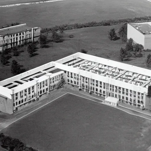 Image similar to a multi - acre, self - contained psychiatric hospital designed and built according to the kirkbride plan.