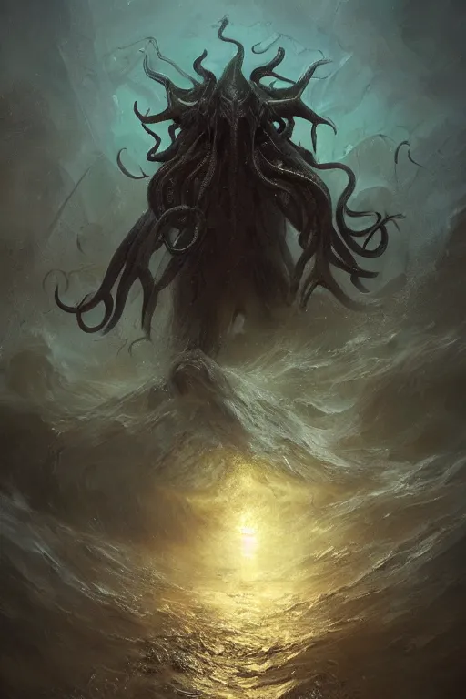 Image similar to cthulhu, eldritch, cosmic, nightmare, ocean, storm, digital art, magic the gathering, mtg, by greg rutkowski, trending on artstation