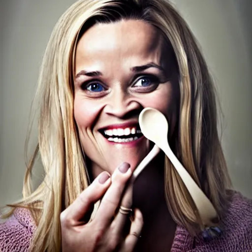 Image similar to reese witherspoon, holding a spoon, wooden spoon, cutlery, photography, smiling, portrait, soft focus