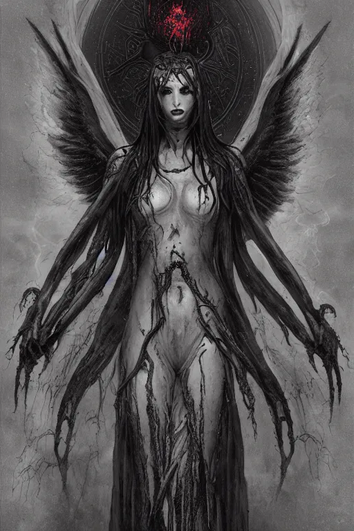 Image similar to evil, lovecraftian, mystic occult arcane, undead, eldritch fallen angel sorcereress alien. dark fantasy art by greg rutkowski, jim burns, gustave dore, amanda sage and junji ito. 8 k resolution concept art photorealism poster art