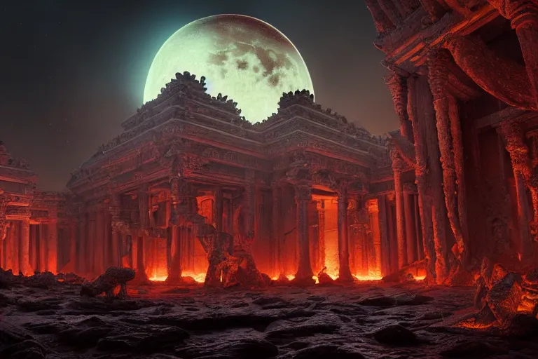 Image similar to beautiful hyperrealistic hyperdetailed epic hdr 3 d render by octane of the mysterious intricate ruins of a temple from an advanced alien starwars civilization under the crescent moon with rimlight with rivers of molten lava by alejandro burdisio and george ines, dramatic lighting