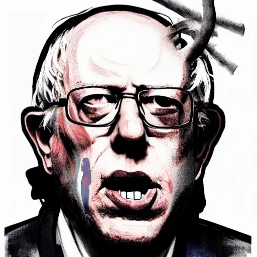 Image similar to bernie sanders cyborg graphic illustration, creative design, skinless head, biopunk, body horror, full body portrait, character design, by ralph steadman, francis bacon, hunter s thompson