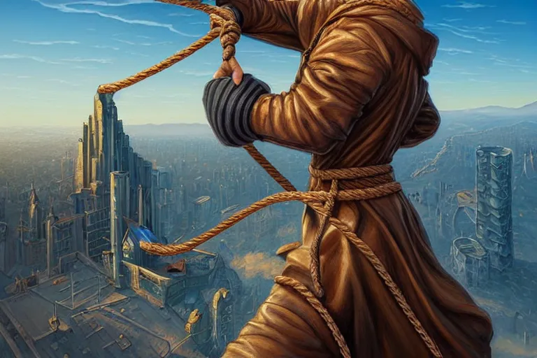 Image similar to landscape painting of a hooded thief in leathers using a rope to climb a tall building with a fantasy city, fine details, magali villeneuve, artgerm, rutkowski