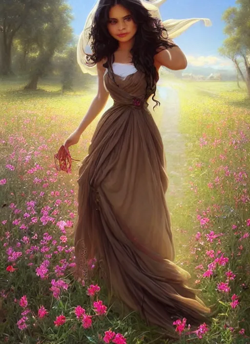 Prompt: beautiful thirty year old woman with long black hair, tan skin, curvy hourglass figure, round cute face, slight resemblance to selena gomez and vanessa hudgens wearing a modest colorful disney princess gown in a field of flowers. beautiful painting by artgerm and greg rutkowski lois van baarle and bouguereau