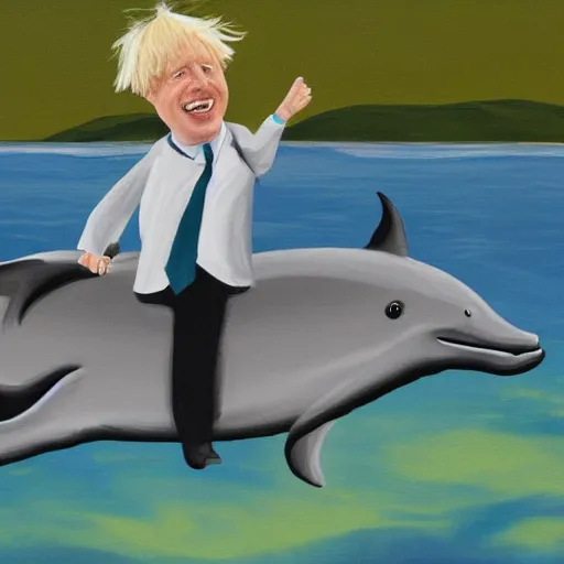 Image similar to boris johnson riding a dolphin, painting