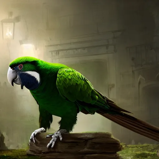 Prompt: Giant green Quaker parrot fights with medieval knight. Enchained, restrained. Bloom, volumetric lighting. Fantasy, digital painting, HD, 4k, detailed.