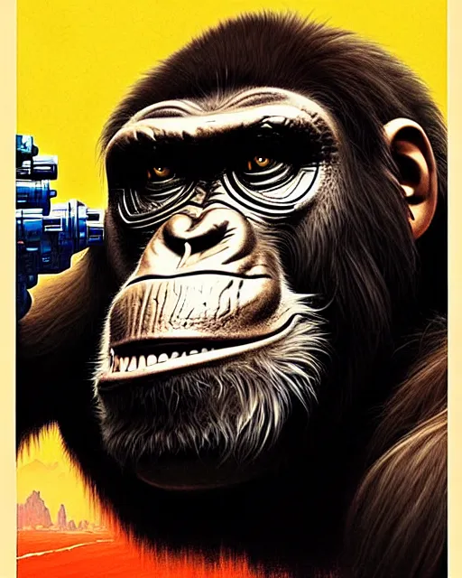 Image similar to winston the ape from overwatch, character portrait, portrait, close up, concept art, intricate details, highly detailed, vintage sci - fi poster, retro future, in the style of chris foss, rodger dean, moebius, michael whelan, and gustave dore