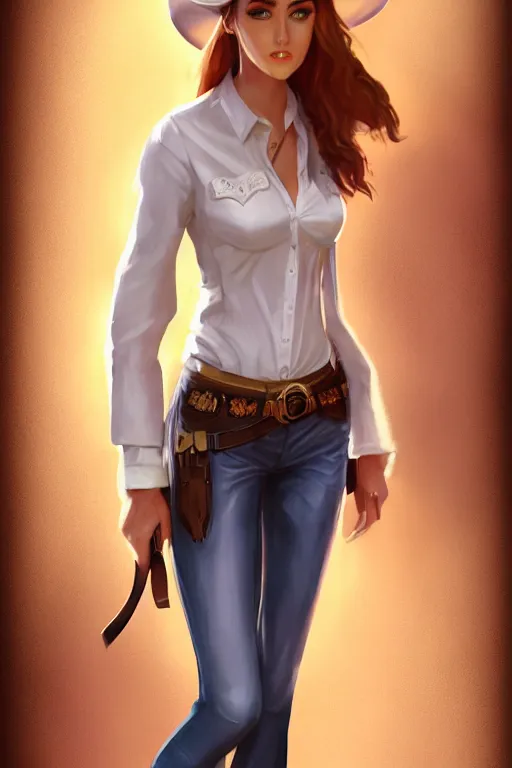 Image similar to full body, katherine mcnamara cowgirl, perfect face, white blouse, holster, 8 k, magic the gathering, desert, d & d, artstation, high detail, smooth, sweaty character concepts by senior concept artist