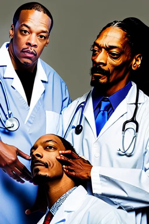 Dr. Dre as a medical doctor treating Snoop Dogg in an | Stable Diffusion