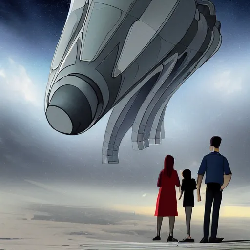 Prompt: couple looking at huge spaceship that leaving planet, based on artstation style Ed Laag