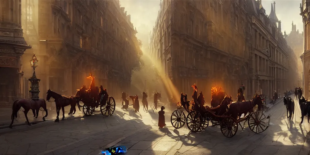 Prompt: nineteenth century london, streets, god rays, carriages with horses, classy people walking, digital art, landscape, fantasy art, octane render, ureal engine, high detail, very realistic, art by artgerm and greg rutkowski and alphonse mucha and loish and wlop