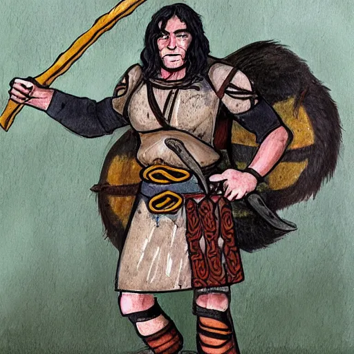 Image similar to full face and body character design reference art of Eoghaill of the Murine Hordes, a La Tene Culture Celtic chieftain and warrior, resplendent and proud of bearing, long black hair, hirstute and muscled, wielding a Celtic longsword, verminous seeming. high quality, high detail, realistic painting, in the style of: Angus McBride, Moebius aka Jean Giraud, and Michael William Kaluta. photorealistic light.