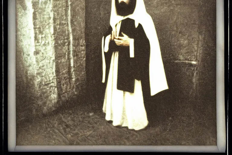 Prompt: dark old polaroid of an medieval religious leader, with a weird religious symbol, wide angle