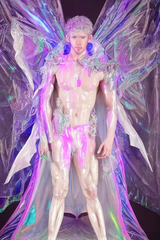 Prompt: full-body rococo and cyberpunk delicate neon crystalline sculpture of ((muscular slender albino prince Nick Jonas con la piroca dura)) as an iridescent humanoid deity wearing a thin see-through ((plastic hooded cloak)) sim roupa (holding a human skull), reclining con (((las piernas abiertas))), glowing pink face, crown of (((white lasers))), large diamonds, swirling black silk fabric. futuristic elements. oozing glowing liquid, full-length view. space robots. intricate artwork by caravaggio. Trending on artstation, octane render, cinematic lighting from the right, hyper realism, octane render, 8k, depth of field, 3D