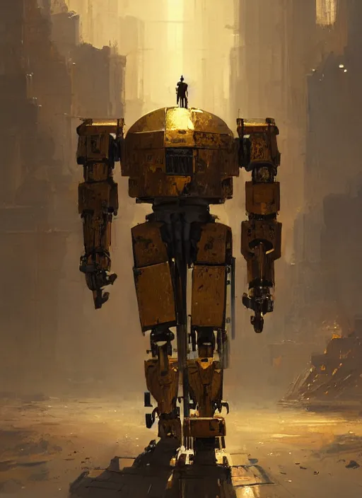 Image similar to human-sized strong intricate yellow pit droid carrying very detailed perfect antique great sword and beautiful large paladin shield, pancake short large head, exposed metal bones, painterly humanoid mecha, slightly far away, by Greg Rutkowski