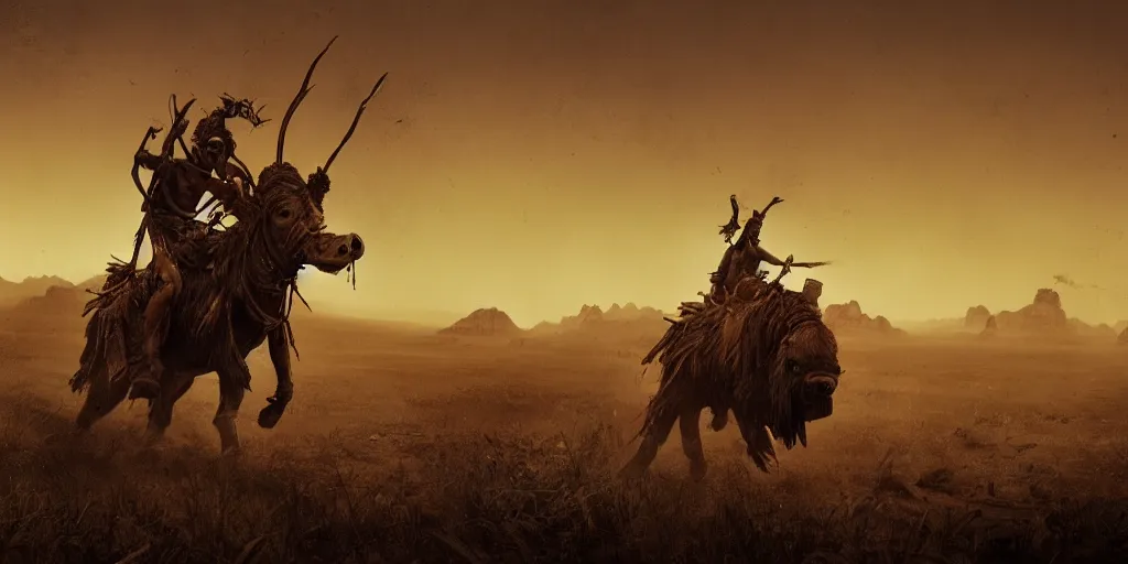 Prompt: an ancient tribesman riding an ancient motorcycles, motorized indians hunting buffalo ,attacking, chase, action scene, an epic fantasy, dramatic lighting, cinematic, establishing shot, extremely high detail, photorealistic, cinematic lighting, artstation, octane render, by simon stalenhag, horizon forbidden west,old photo, vintage