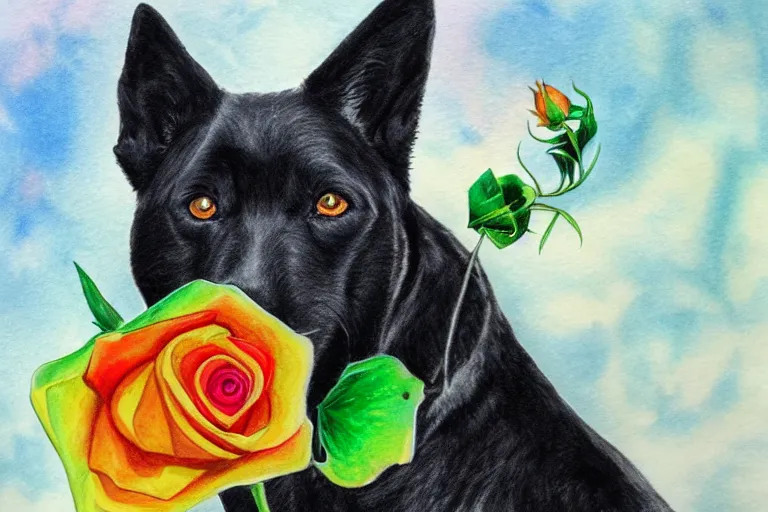 Image similar to anthro drawing of black dog with green eyes holding a rose, golden earring, watercolor, vivid colors, ocean background, sunny day, 4 k, puffy clouds, front page of art station, global illumination, chromatic abberation, very detailed