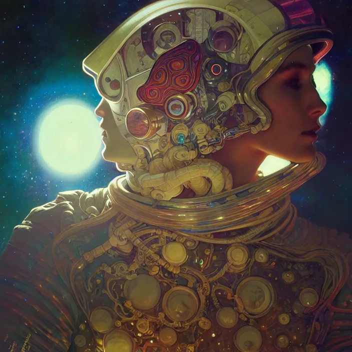 Prompt: psychedelic astronaut , diffuse lighting, fantasy, intricate, elegant, highly detailed, lifelike, photorealistic, digital painting, artstation, illustration, concept art, smooth, sharp focus, art by John Collier and Albert Aublet and Krenz Cushart and Artem Demura and Alphonse Mucha