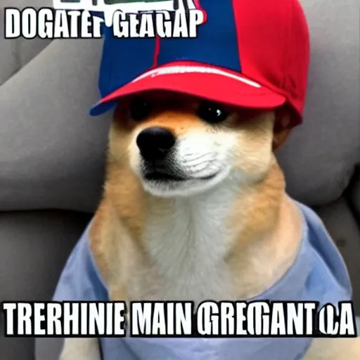 Prompt: doge wearing a make america great again cap