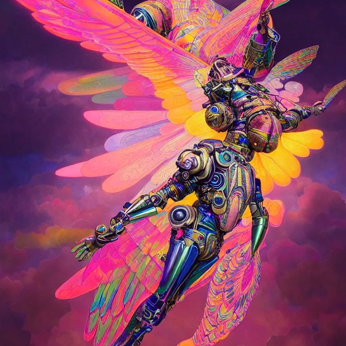 Image similar to bright psychedelic portrait of organic skydiving cyborg with wings, diffuse lighting, fantasy, intricate, elegant, highly detailed, lifelike, photorealistic, digital painting, artstation, illustration, concept art, smooth, sharp focus, art by John Collier and Albert Aublet and Krenz Cushart and Artem Demura and Alphonse Mucha